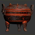 Red Lacquer Sculpture Featuring Carved Patterns Lid Three Legs and Side Handles 3d model