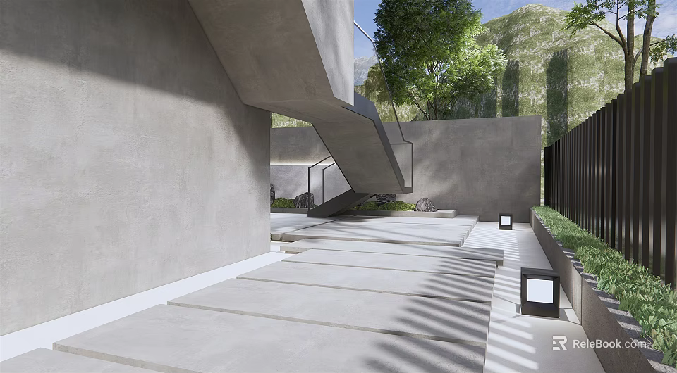 Modern Roof Garden Space With Concrete Structure Stairs Green Plants And Outdoor Lights 3d model 