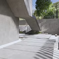 Modern Roof Garden Space With Concrete Structure Stairs Green Plants And Outdoor Lights