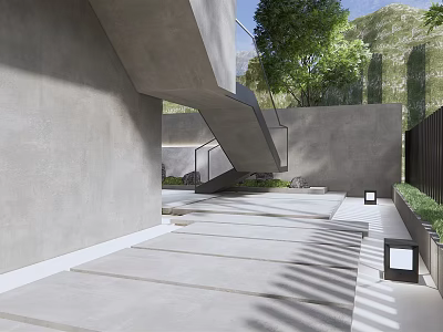 Modern Roof Garden Space With Concrete Structure Stairs Green Plants And Outdoor Lights 3d model