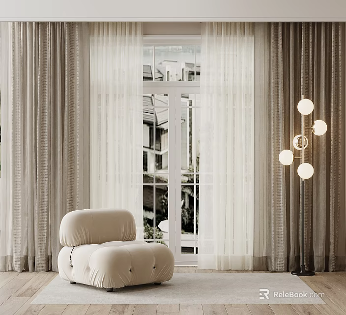 Modern Light Colored Curtains In Floor to Ceiling Window Interior With Accent Chair And Chandelier 3d model 