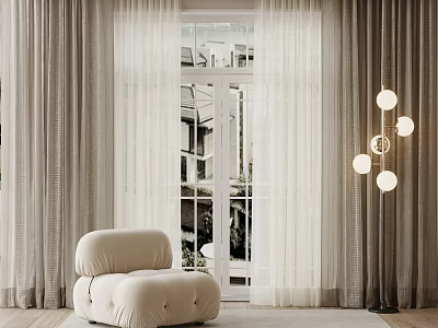 Modern Light Colored Curtains In Floor to Ceiling Window Interior With Accent Chair And Chandelier 3d model