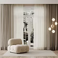 Modern Light Colored Curtains In Floor to Ceiling Window Interior With Accent Chair And Chandelier