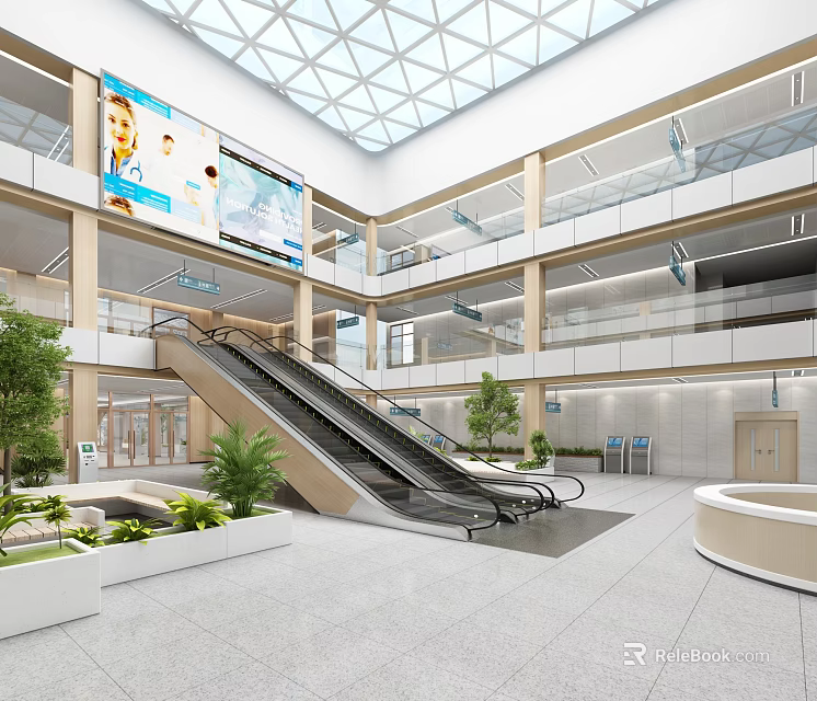 Modern Hospital Outpatient Clinic Lobby With Escalator Green Plants And Digital Screen 3d model 