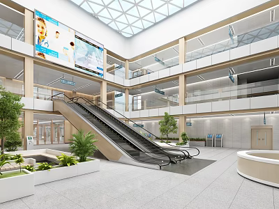 Modern Hospital Outpatient Clinic Lobby With Escalator Green Plants And Digital Screen 3d model