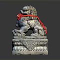 Traditional Chinese Stone Lion Sculpture With Red Ribbon And Decorative Base