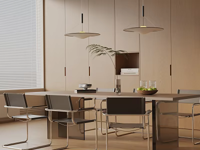Modern Dining Table Set with Black Chairs Pendant Lights Wooden Cabinets Green Plant and Fruit 3d model