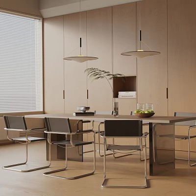 Modern Dining Table Set with Black Chairs Pendant Lights Wooden Cabinets Green Plant and Fruit 3d model