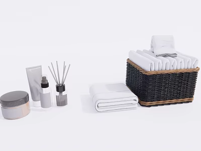 Essential Bathroom Accessories Including White Towels Wicker Basket Aromatherapy Bottle And Cotton Swab Jar 3d model