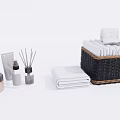 Essential Bathroom Accessories Including White Towels Wicker Basket Aromatherapy Bottle And Cotton Swab Jar