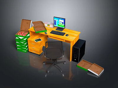 Home Office Workspace With Yellow Desk Computer Pizza Boxes Stacked Boxes And Office Chair 3d model