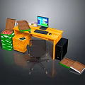 Home Office Workspace With Yellow Desk Computer Pizza Boxes Stacked Boxes And Office Chair
