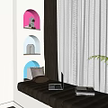 Colorful Arched Open Shelf Decorative Cabinet With Small Ornaments Window Seat Laptop And Green Plant