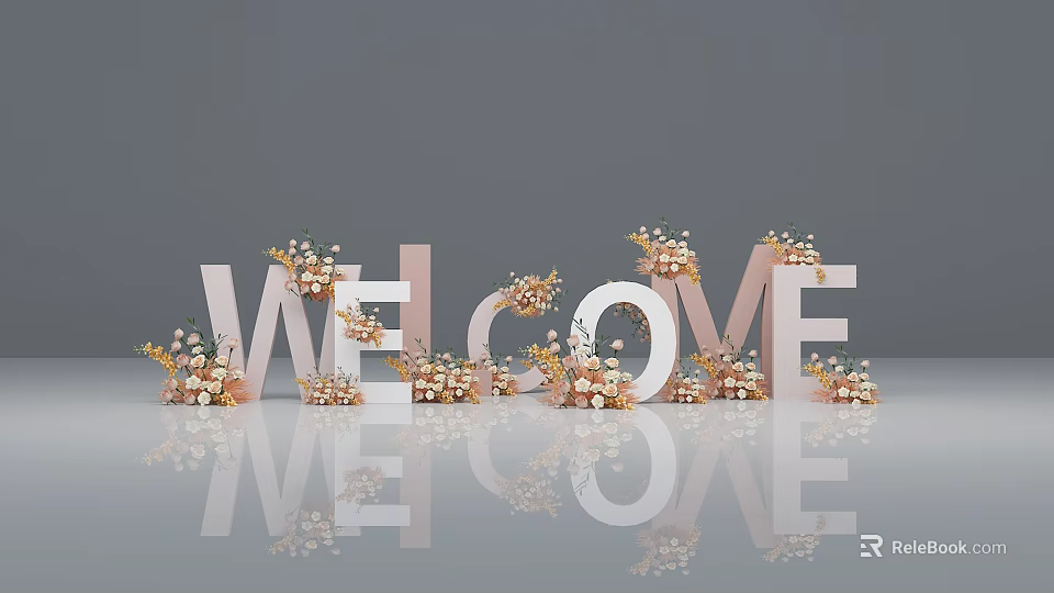 Elegant 3D WELCOME Letters Decorated With Flowers And Reflections On Surface 3d model 