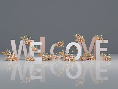 Elegant 3D WELCOME Letters Decorated With Flowers And Reflections On Surface 3d model