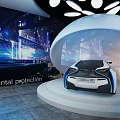 Modern Exhibition Hall Design With Engine Models Illuminated Platforms And Wall Screens 3d model