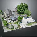 Modern Architectural Model Scene With Buildings Trees Parking Lot And Vehicles