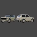 Vintage White SUV Models Displayed From Different Angles On Gray Background