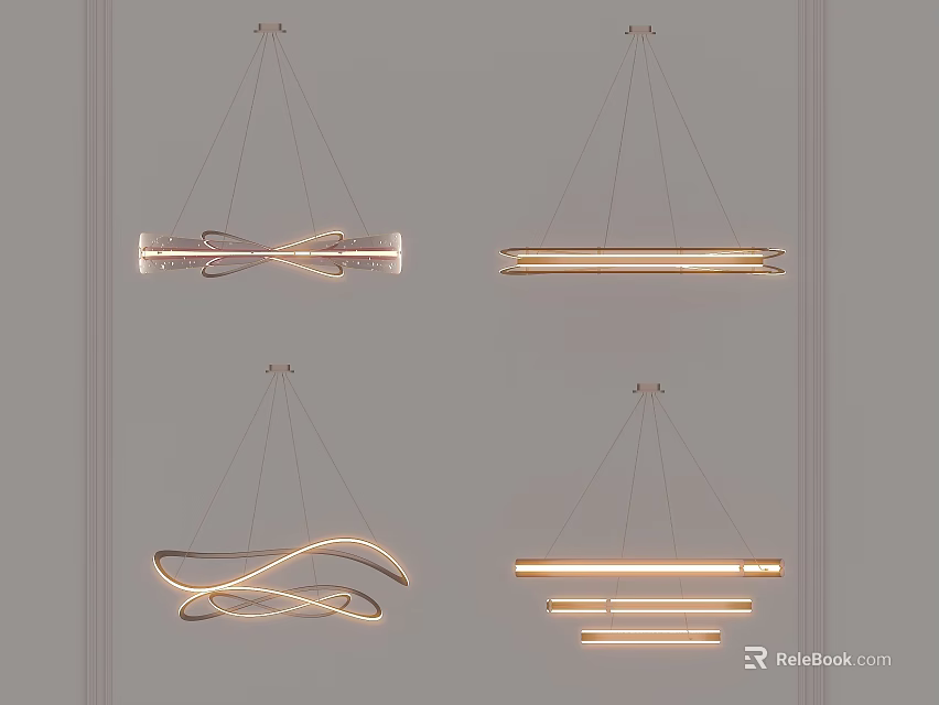 Modern Hanging Pendant Chandeliers Featuring Stylish Curved Linear Designs And Warm Lighting 3d model 
