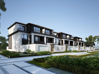 Modern Townhouse Exterior With White Facade Dark Accents And Landscaped Gardens Stone Pathways 3d model