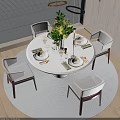 Elegant Round Dining Table Set with Light Colored Chairs Green Plants Vase Candles and Tableware 3d model