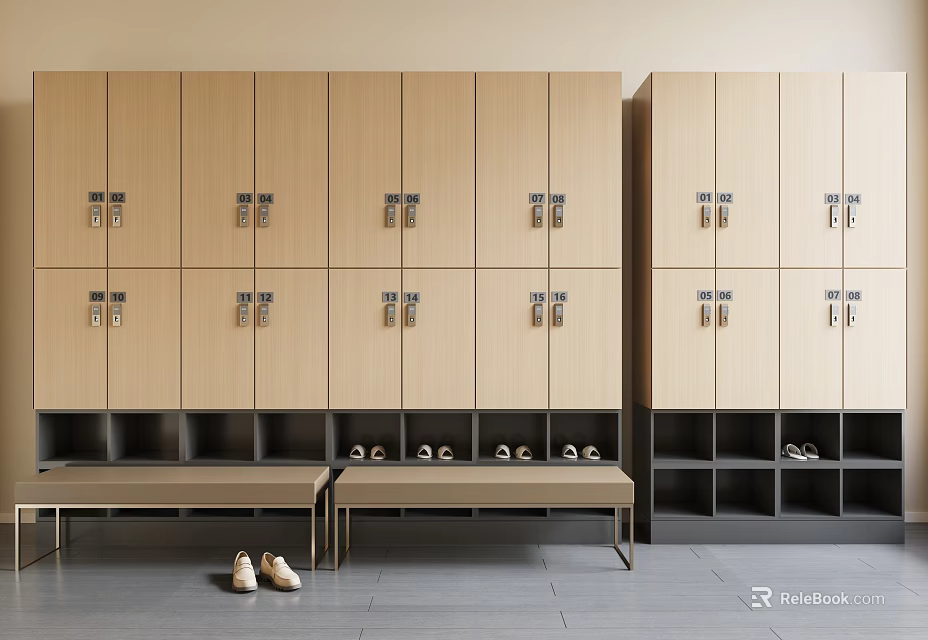 Wooden Storage Lockers In Organized Locker Room With Bench And Shoes 3d model 