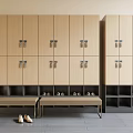 Wooden Storage Lockers In Organized Locker Room With Bench And Shoes