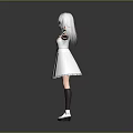 3D Character With Silver White Hair White Dress Black Accents Open Arms Gray Background