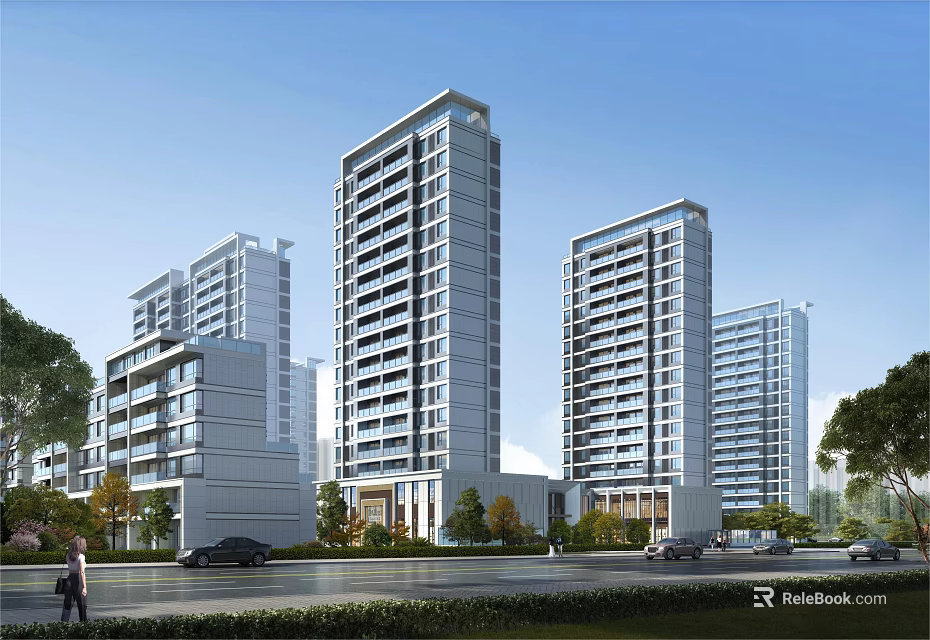 Modern High Rise Residential Buildings with Glass Curtain Walls and Green Landscaping 3d model 