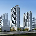Modern High Rise Residential Buildings with Glass Curtain Walls and Green Landscaping