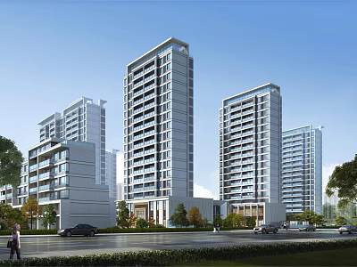 Modern High Rise Residential Buildings with Glass Curtain Walls and Green Landscaping 3d model