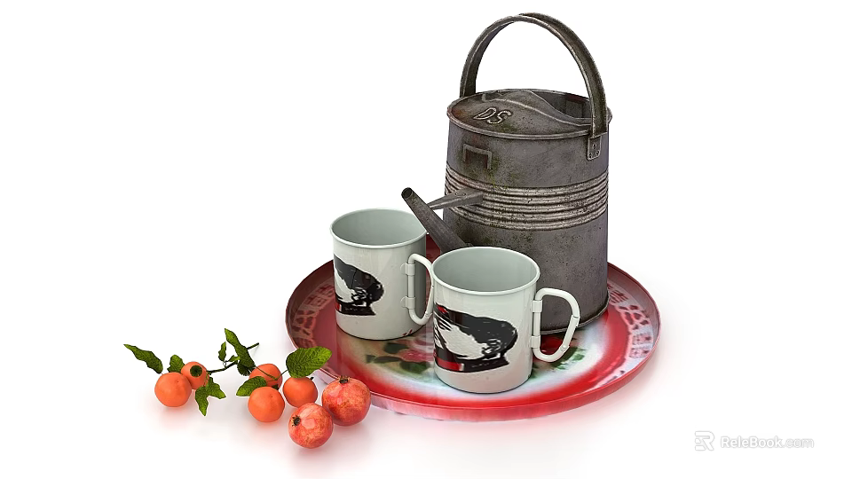 Dark Metal Kettle And Mugs On Red Tray With Fruits 3d model 