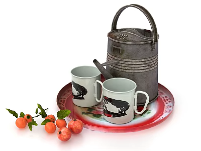 Dark Metal Kettle And Mugs On Red Tray With Fruits 3d model Dark Metal Kettle And Mugs On Red Tray With Fruits 3d model