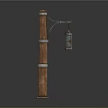 Vintage Wooden Lamp Post With Metal Rings And Hanging Lantern