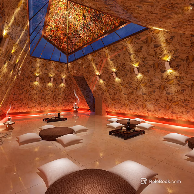 Warm Lit SPA Sauna Interior With Stained Glass Skylight Patterned Walls And Cushions 3d model 