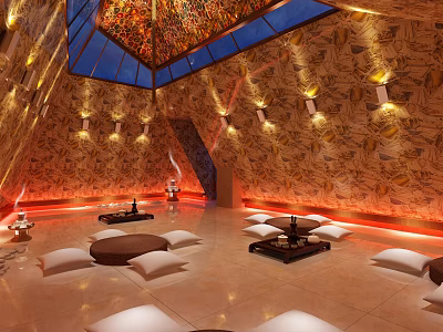 Warm Lit SPA Sauna Interior With Stained Glass Skylight Patterned Walls And Cushions 3d model