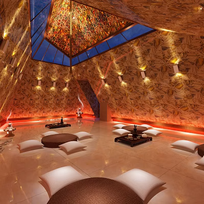 Warm Lit SPA Sauna Interior With Stained Glass Skylight Patterned Walls And Cushions 3d model