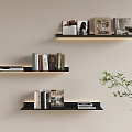 Stylish Black Wall Cabinets With Books Photos On Light Beige Wall And Green Plant