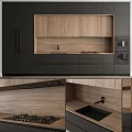Modern Restaurant Kitchen Featuring Black Cabinets Wooden Backsplash Countertop Sink And Gas Stove