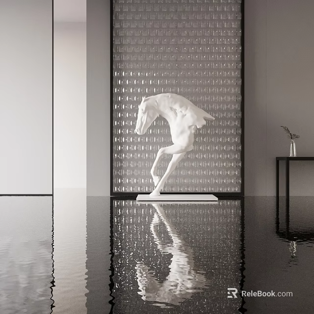 White Horse Sculpture In Modern Interior With Textured Wall Reflective Floor And Plant 3d model 