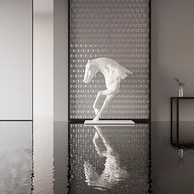 White Horse Sculpture In Modern Interior With Textured Wall Reflective Floor And Plant 3d model