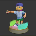 Game Movie Character Wearing Blue Hat White T-shirt Holding Blue Object on Green Grass Base