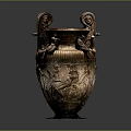 Ancient Carved Vase Sculpture With Symmetrical Handles And Relief Figures