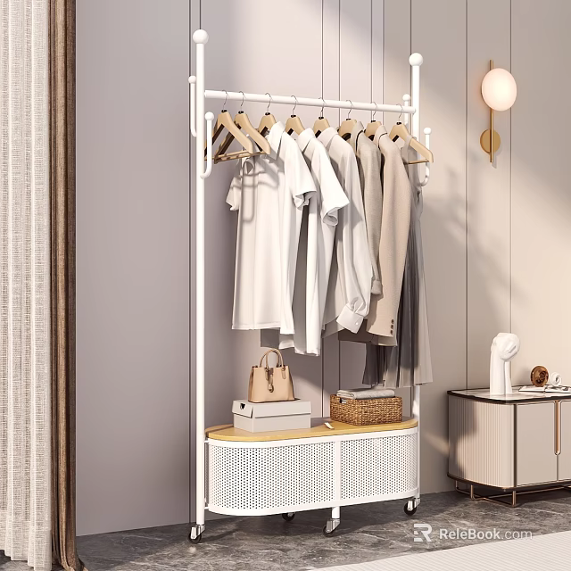 Modern Clothes Rack With Hanging White Gray Shirts Coats And Storage Shelf 3d model 