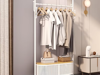 Modern Clothes Rack With Hanging White Gray Shirts Coats And Storage Shelf 3d model
