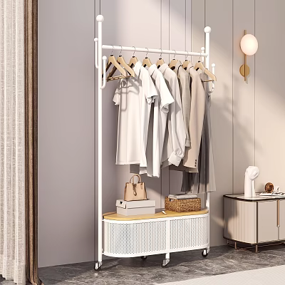 Modern Clothes Rack With Hanging White Gray Shirts Coats And Storage Shelf 3d model