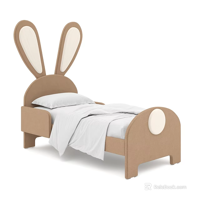 Adorable Bunny Ears Kids Bed With Beige Frame Round Decor And White Sheets 3d model 