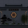 Chinese Traditional Entrance Landscape With Hexagonal Lattice Window Pine Tree Bamboo Plants And Stone Lantern