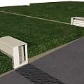 Neatly Arranged Tree Planters Along Gray Pathway In Green Lawn Area