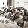 Chinese Style Solid Wood Sofa And Coffee Table Set With Throw Pillows And Tea Set 3d model
